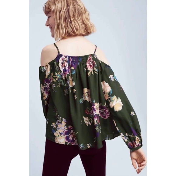 Maeve Tallie Open Shoulder Silk Blouse Size Medium Green Floral Anthropologie - Picture 2 of 10